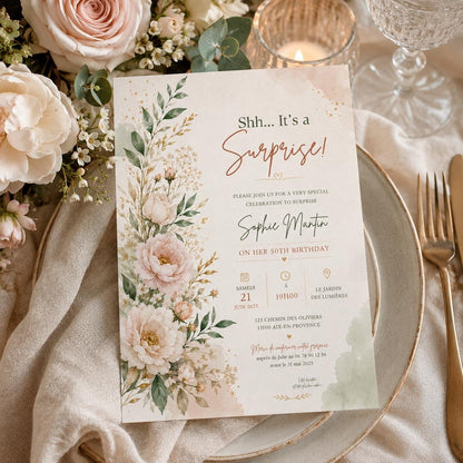 Editable Wildflowers Surprise 70th 80th Birthday Invitation Canva Template, Gold Cute Fun DIY Chic Party Invite, Printable Digital Download.