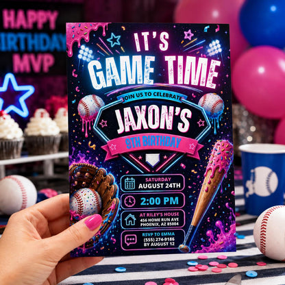 Editable Baseball Drip Birthday Invitation Canva Template, Cream Boys Teens Cute Fun DIY Chic Kids Party Invite, Printable Digital Download.