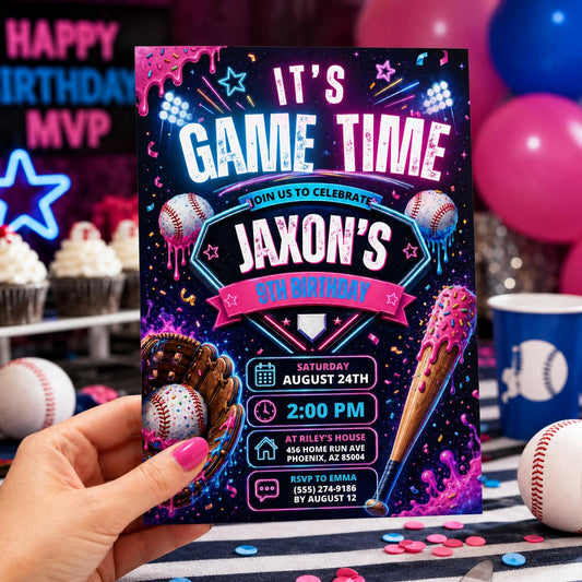 Editable Baseball Drip Birthday Invitation Canva Template, Cream Boys Teens Cute Fun DIY Chic Kids Party Invite, Printable Digital Download.