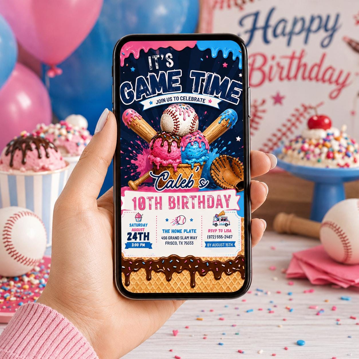 Editable Baseball Drip Birthday Invitation Canva Template, Cream Boys Teens Cute Fun DIY Chic Kids Party Invite, Printable Digital Download.