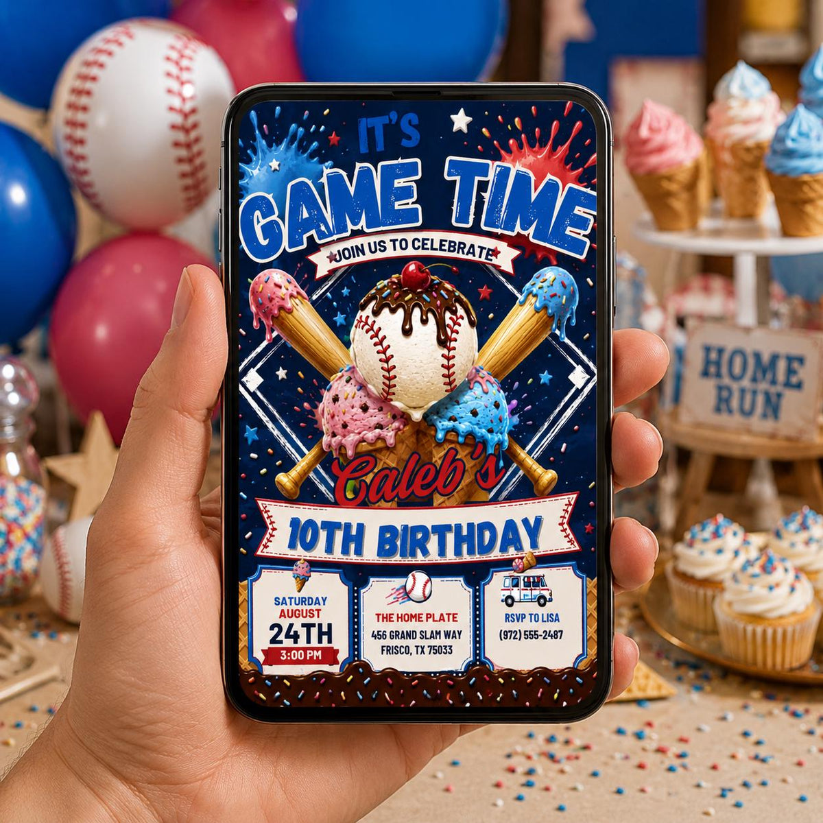 Editable Baseball Drip Birthday Invitation Canva Template, Sports All Star Boy Party Invite with Ice Cream Style, Printable Digital Download