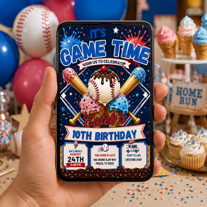 Editable Baseball Drip Birthday Invitation Canva Template, Sports All Star Boy Party Invite with Ice Cream Style, Printable Digital Download
