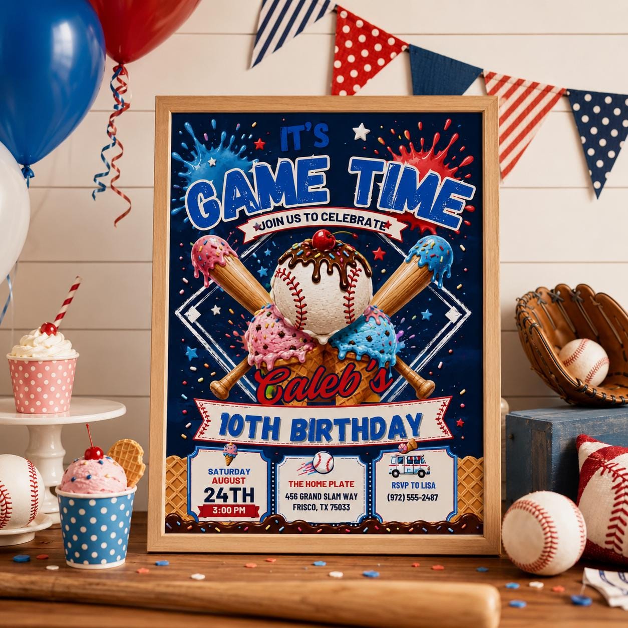 Editable Baseball Drip Birthday Invitation Canva Template, Sports All Star Boy Party Invite with Ice Cream Style, Printable Digital Download