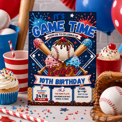 Editable Baseball Drip Birthday Invitation Canva Template, Sports All Star Boy Party Invite with Ice Cream Style, Printable Digital Download