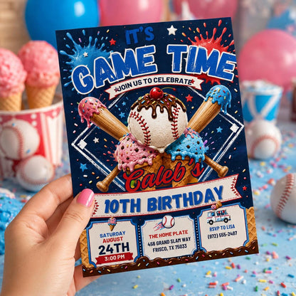 Editable Baseball Drip Birthday Invitation Canva Template, Sports All Star Boy Party Invite with Ice Cream Style, Printable Digital Download