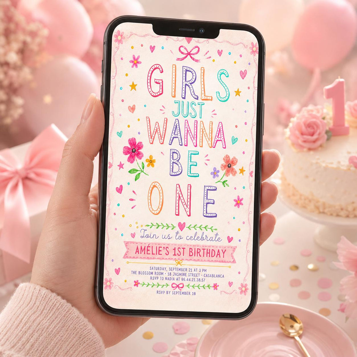 Editable Just Wanna Be One Birthday Invitation Canva Template, Pink Modern Girls Kids Cute Fun DIY Party Invite, Printable Digital Download.