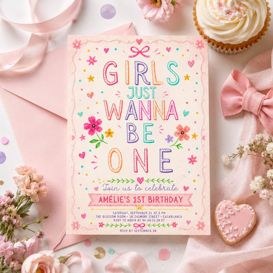 Editable Just Wanna Be One Birthday Invitation Canva Template, Pink Modern Girls Kids Cute Fun DIY Party Invite, Printable Digital Download.