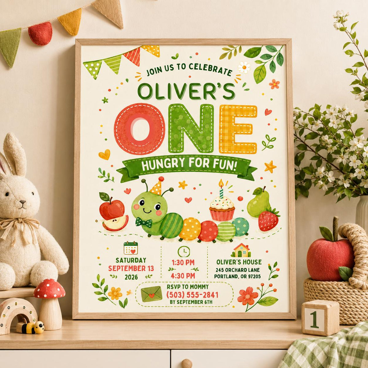 Editable Hungry Caterpillar Birthday Invitation Canva Template, Floral Kids Cute Fun DIY Chic Teen Party Invite, Printable Digital Download.
