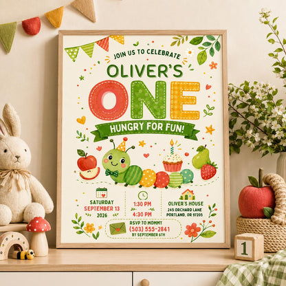 Editable Hungry Caterpillar Birthday Invitation Canva Template, Floral Kids Cute Fun DIY Chic Teen Party Invite, Printable Digital Download.