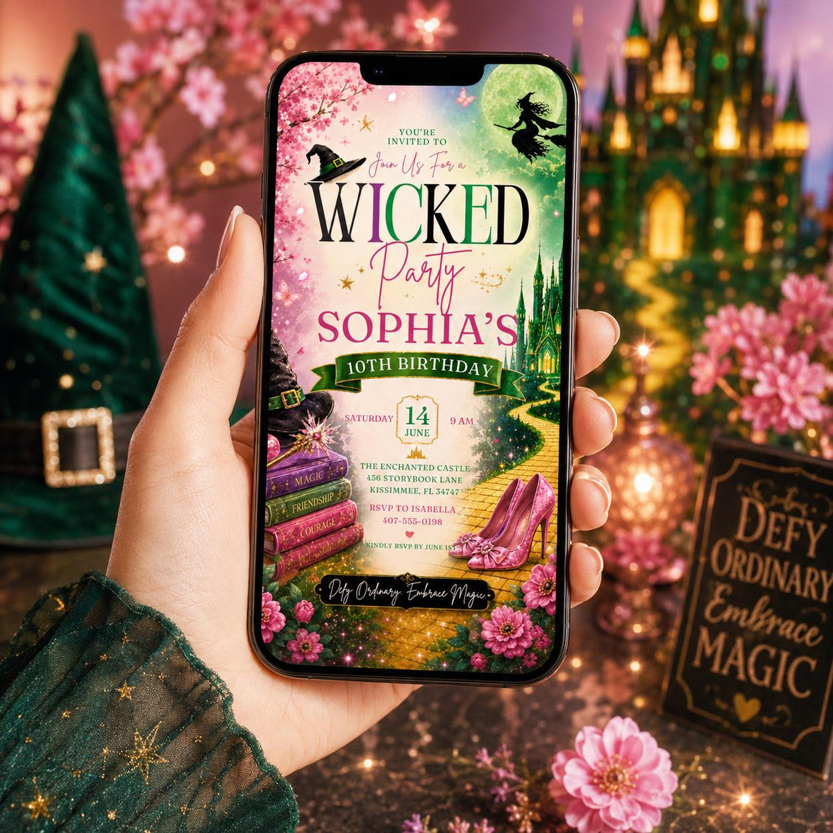 Editable Witch Magic Birthday Invitation Canva Template, Pink Green Girls Teens Witch Cute Fun DIY Party Invite, Printable Digital Download.