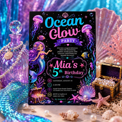 Editable Neon Glow Birthday Invitation Canva Template, Neon Cute Modern Fun Themed Custom DIY Chic Party Invite, Printable Digital Download.