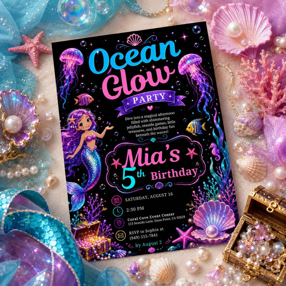 Editable Neon Glow Birthday Invitation Canva Template, Neon Cute Modern Fun Themed Custom DIY Chic Party Invite, Printable Digital Download.