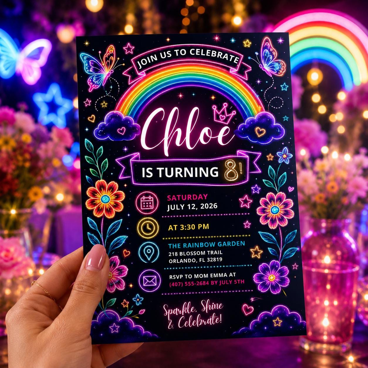 Editable Rainbow Birthday Invitation Canva Template, Pink Purple Girls Kids Cute Fun DIY Chic Teen Party Invite, Printable Digital Download.