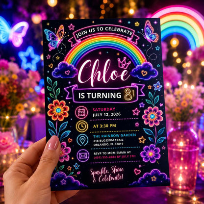 Editable Rainbow Birthday Invitation Canva Template, Pink Purple Girls Kids Cute Fun DIY Chic Teen Party Invite, Printable Digital Download.