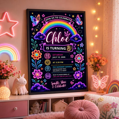 Editable Rainbow Birthday Invitation Canva Template, Pink Purple Girls Kids Cute Fun DIY Chic Teen Party Invite, Printable Digital Download.