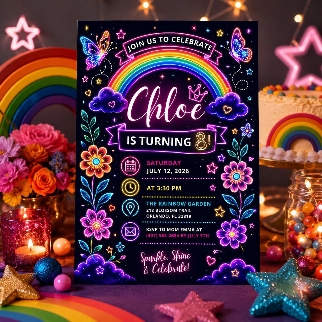 Editable Rainbow Birthday Invitation Canva Template, Pink Purple Girls Kids Cute Fun DIY Chic Teen Party Invite, Printable Digital Download.