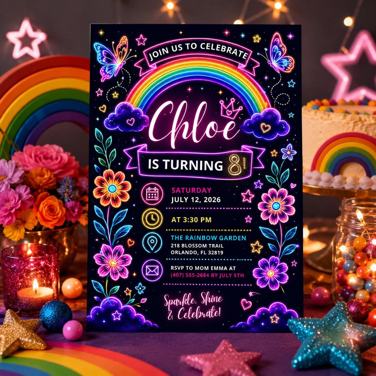 Editable Rainbow Birthday Invitation Canva Template, Pink Purple Girls Kids Cute Fun DIY Chic Teen Party Invite, Printable Digital Download.