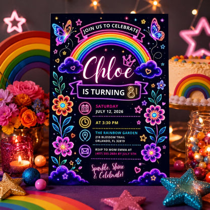 Editable Rainbow Birthday Invitation Canva Template, Pink Purple Girls Kids Cute Fun DIY Chic Teen Party Invite, Printable Digital Download.