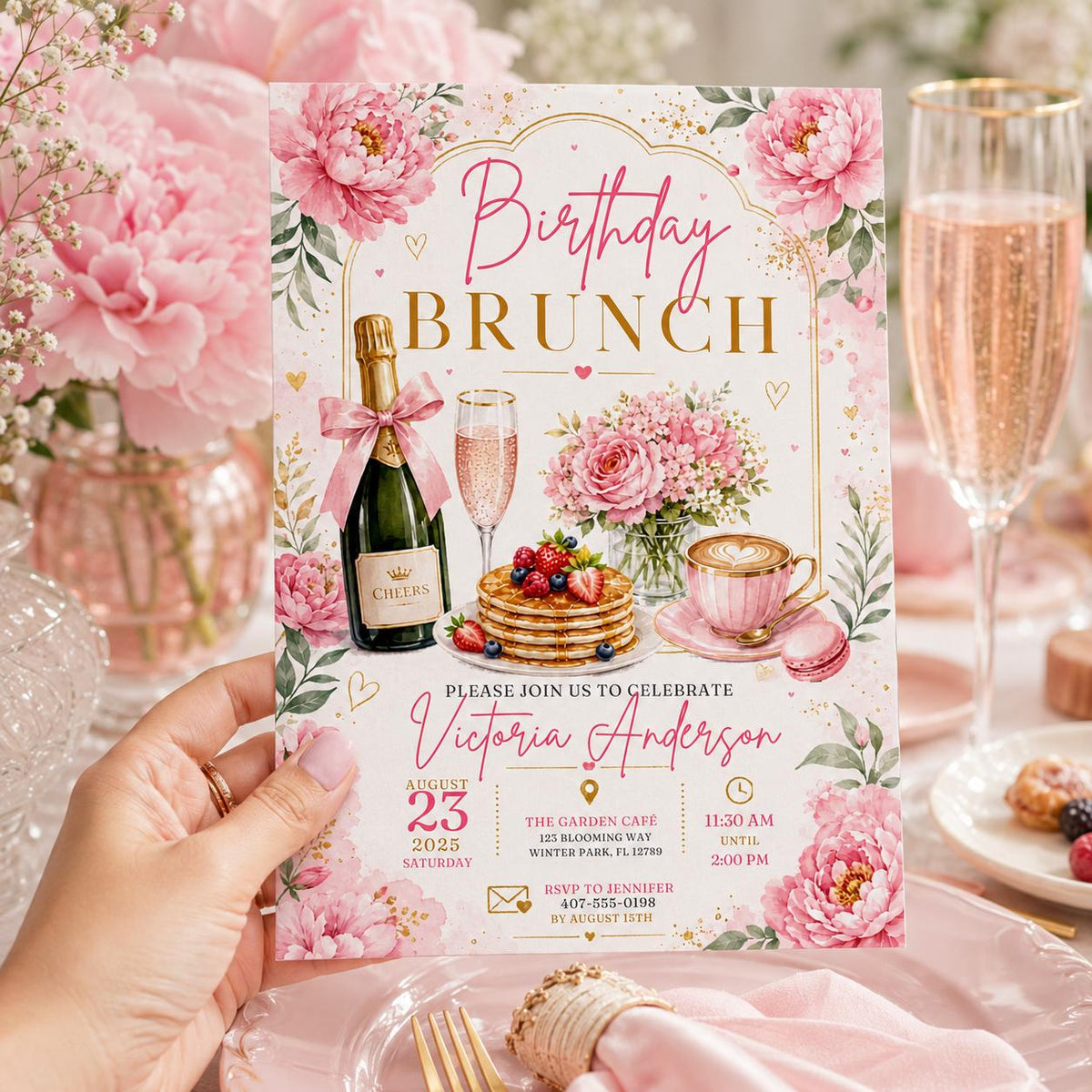 Editable Brunch Birthday Invitation Canva Template, Pink Floral Girls Adult Cute Fun DIY Chic Kids Party Invite, Printable Digital Download.