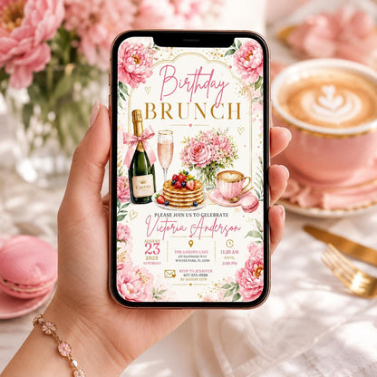 Editable Brunch Birthday Invitation Canva Template, Pink Floral Girls Adult Cute Fun DIY Chic Kids Party Invite, Printable Digital Download.