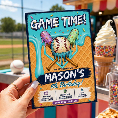 Editable Baseball Drip Birthday Invitation Canva Template, Cream Boys Kids Cute Fun DIY Sweet Chic Party Invite, Printable Digital Download.