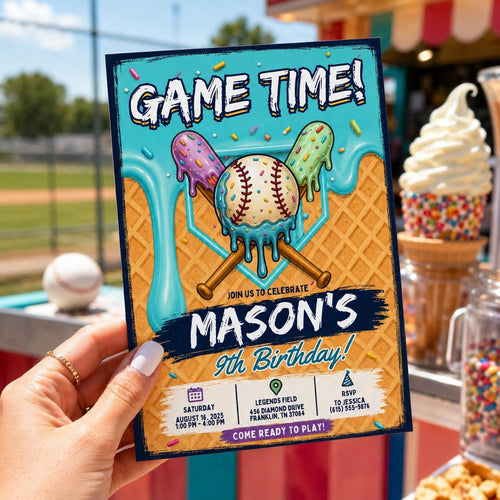 Editable Baseball Drip Birthday Invitation Canva Template, Cream Boys Kids Cute Fun DIY Sweet Chic Party Invite, Printable Digital Download.
