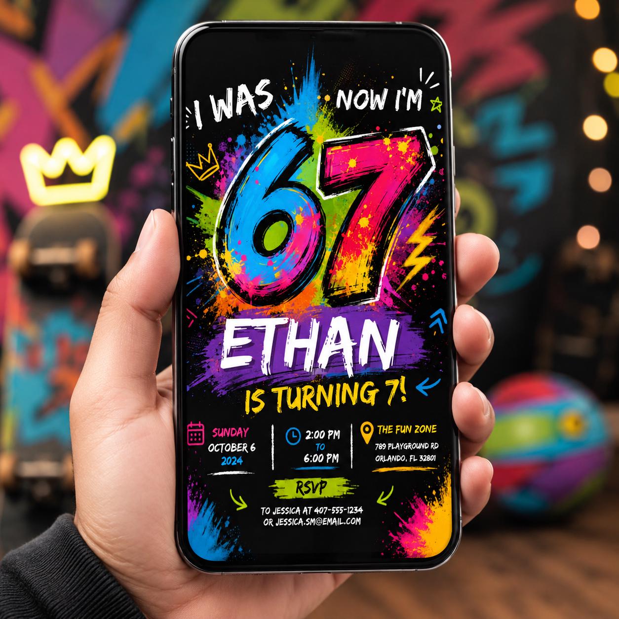 Editable Six Seven Birthday Invitation Canva Template, Boys Kids Teens Cute Modern Fun Instant DIY Party Invite, Printable Digital Download.