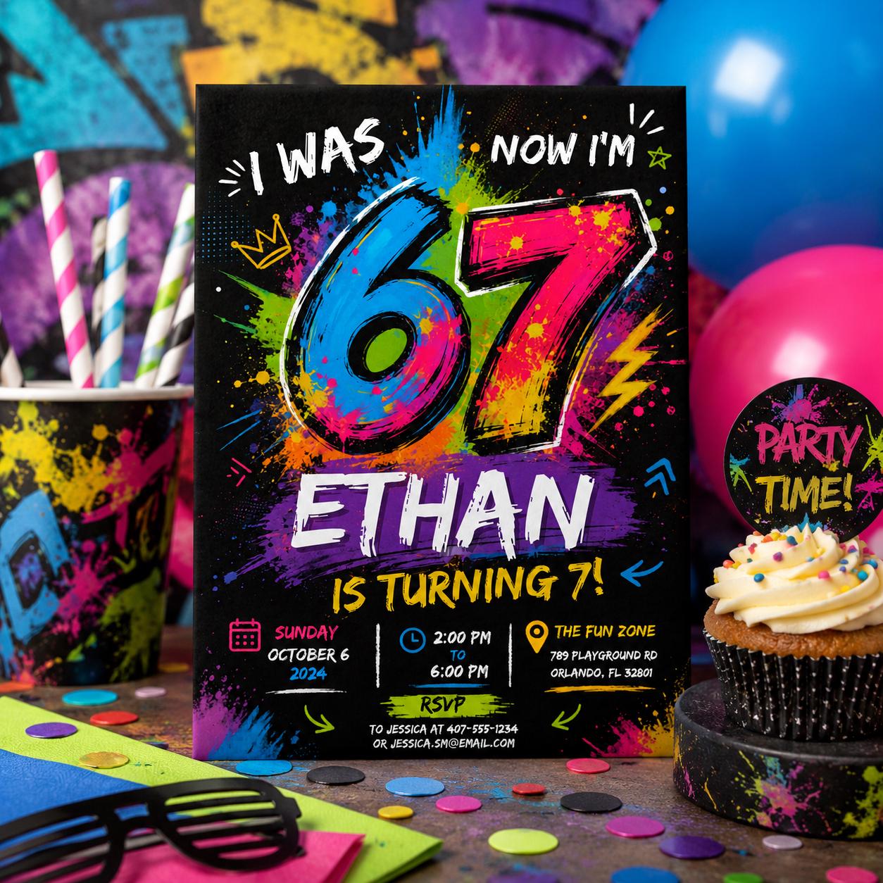 Editable Six Seven Birthday Invitation Canva Template, Boys Kids Teens Cute Modern Fun Instant DIY Party Invite, Printable Digital Download.