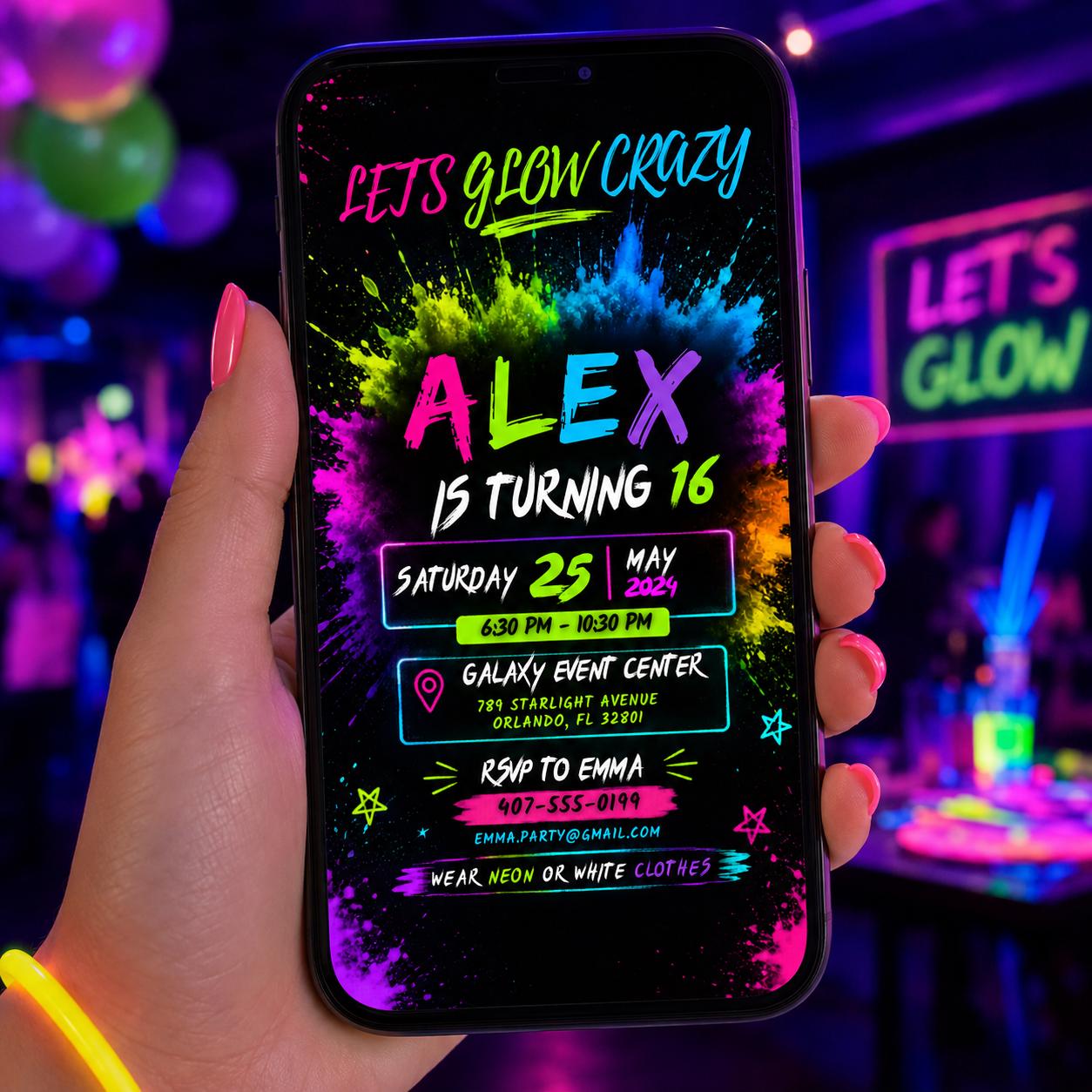 Editable Neon Glow Birthday Invitation Canva Template, Girls Kids Neon Cute Modern Fun Instant DIY Party Invite, Printable Digital Download.