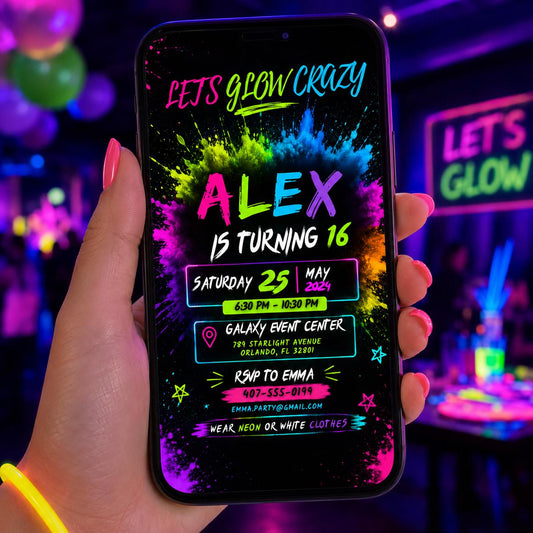 Editable Neon Glow Birthday Invitation Canva Template, Girls Kids Neon Cute Modern Fun Instant DIY Party Invite, Printable Digital Download.