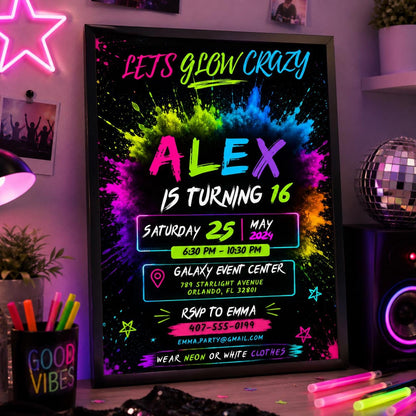 Editable Neon Glow Birthday Invitation Canva Template, Girls Kids Neon Cute Modern Fun Instant DIY Party Invite, Printable Digital Download.