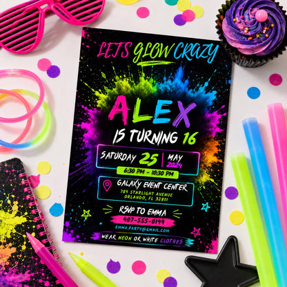 Editable Neon Glow Birthday Invitation Canva Template, Girls Kids Neon Cute Modern Fun Instant DIY Party Invite, Printable Digital Download.