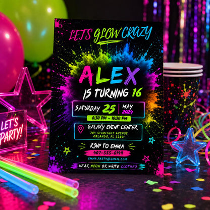 Editable Neon Glow Birthday Invitation Canva Template, Girls Kids Neon Cute Modern Fun Instant DIY Party Invite, Printable Digital Download.