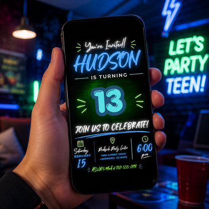 Editable Neon Glow Birthday Invitation Canva Template, Black Boys Neon Cute Fun DIY Chic Kids Teen Party Invite, Printable Digital Download.