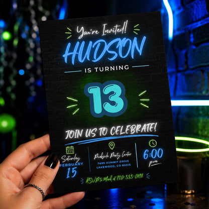Editable Neon Glow Birthday Invitation Canva Template, Black Boys Neon Cute Fun DIY Chic Kids Teen Party Invite, Printable Digital Download.