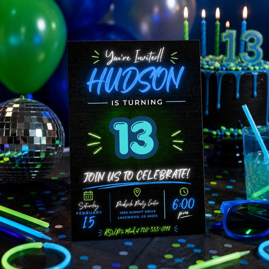 Editable Neon Glow Birthday Invitation Canva Template, Black Boys Neon Cute Fun DIY Chic Kids Teen Party Invite, Printable Digital Download.