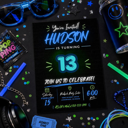 Editable Neon Glow Birthday Invitation Canva Template, Black Boys Neon Cute Fun DIY Chic Kids Teen Party Invite, Printable Digital Download.