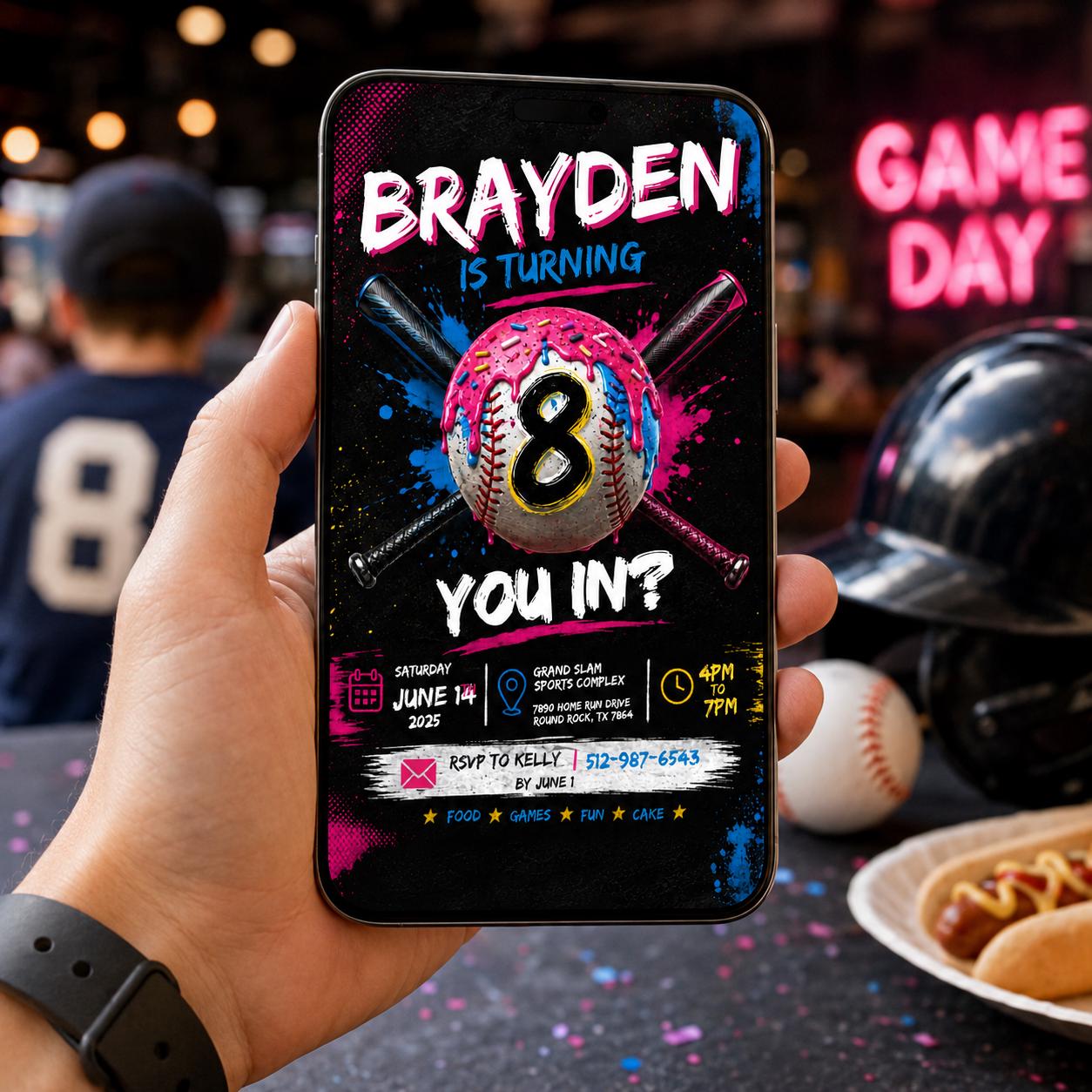 Editable Baseball Drip Birthday Invitation Canva Template, Cream Boys Kids Cute Fun DIY Sweet Chic Party Invite, Printable Digital Download.