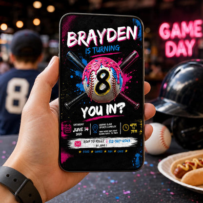 Editable Baseball Drip Birthday Invitation Canva Template, Cream Boys Kids Cute Fun DIY Sweet Chic Party Invite, Printable Digital Download.