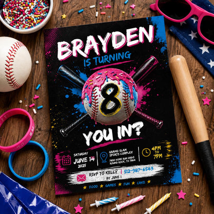 Editable Baseball Drip Birthday Invitation Canva Template, Cream Boys Kids Cute Fun DIY Sweet Chic Party Invite, Printable Digital Download.