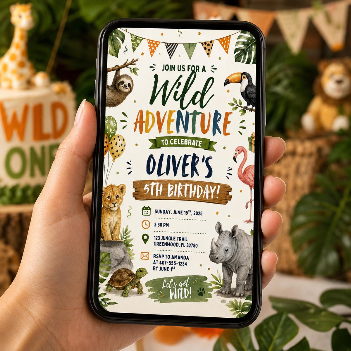 Editable Safari Jungle Birthday Invitation Canva Template, Neon Silver Boys Cute Fun DIY Chic Kids Party Invite, Printable Digital Download.