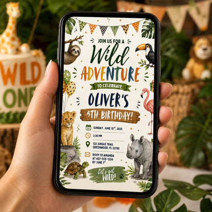 Editable Safari Jungle Birthday Invitation Canva Template, Neon Silver Boys Cute Fun DIY Chic Kids Party Invite, Printable Digital Download.