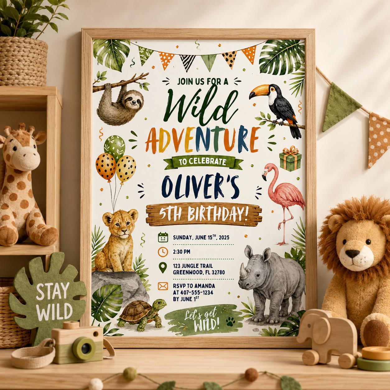 Editable Safari Jungle Birthday Invitation Canva Template, Neon Silver Boys Cute Fun DIY Chic Kids Party Invite, Printable Digital Download.