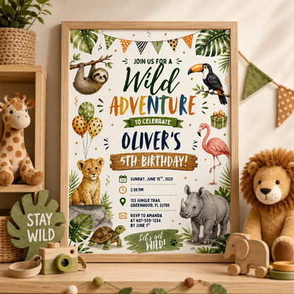 Editable Safari Jungle Birthday Invitation Canva Template, Neon Silver Boys Cute Fun DIY Chic Kids Party Invite, Printable Digital Download.