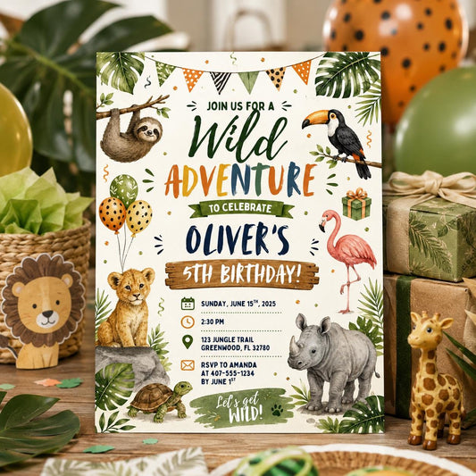 Editable Safari Jungle Birthday Invitation Canva Template, Neon Silver Boys Cute Fun DIY Chic Kids Party Invite, Printable Digital Download.