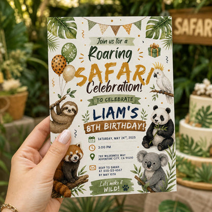 Editable Safari Jungle Birthday Invitation Canva Template, Neon Silver Boys Cute Fun DIY Chic Kids Party Invite, Printable Digital Download.