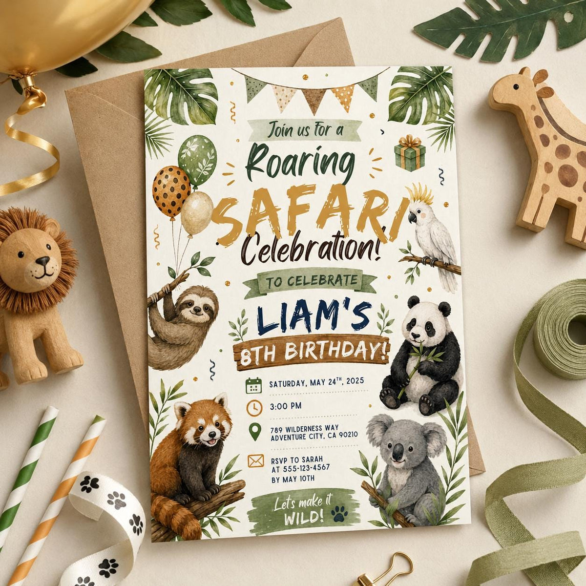 Editable Safari Jungle Birthday Invitation Canva Template, Neon Silver Boys Cute Fun DIY Chic Kids Party Invite, Printable Digital Download.