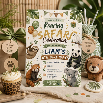 Editable Safari Jungle Birthday Invitation Canva Template, Neon Silver Boys Cute Fun DIY Chic Kids Party Invite, Printable Digital Download.