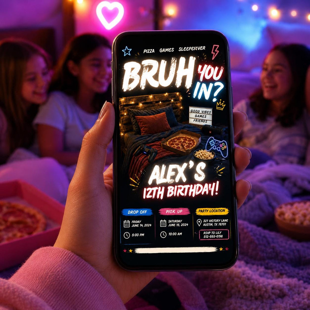 Editable Sleepover Game Night Invitation Canva Template, Boys Teens Cute Modern Fun Themed Custom DIY Sweet Chic Printable Digital Download.