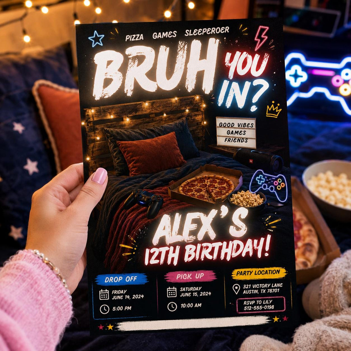 Editable Sleepover Game Night Invitation Canva Template, Boys Teens Cute Modern Fun Themed Custom DIY Sweet Chic Printable Digital Download.